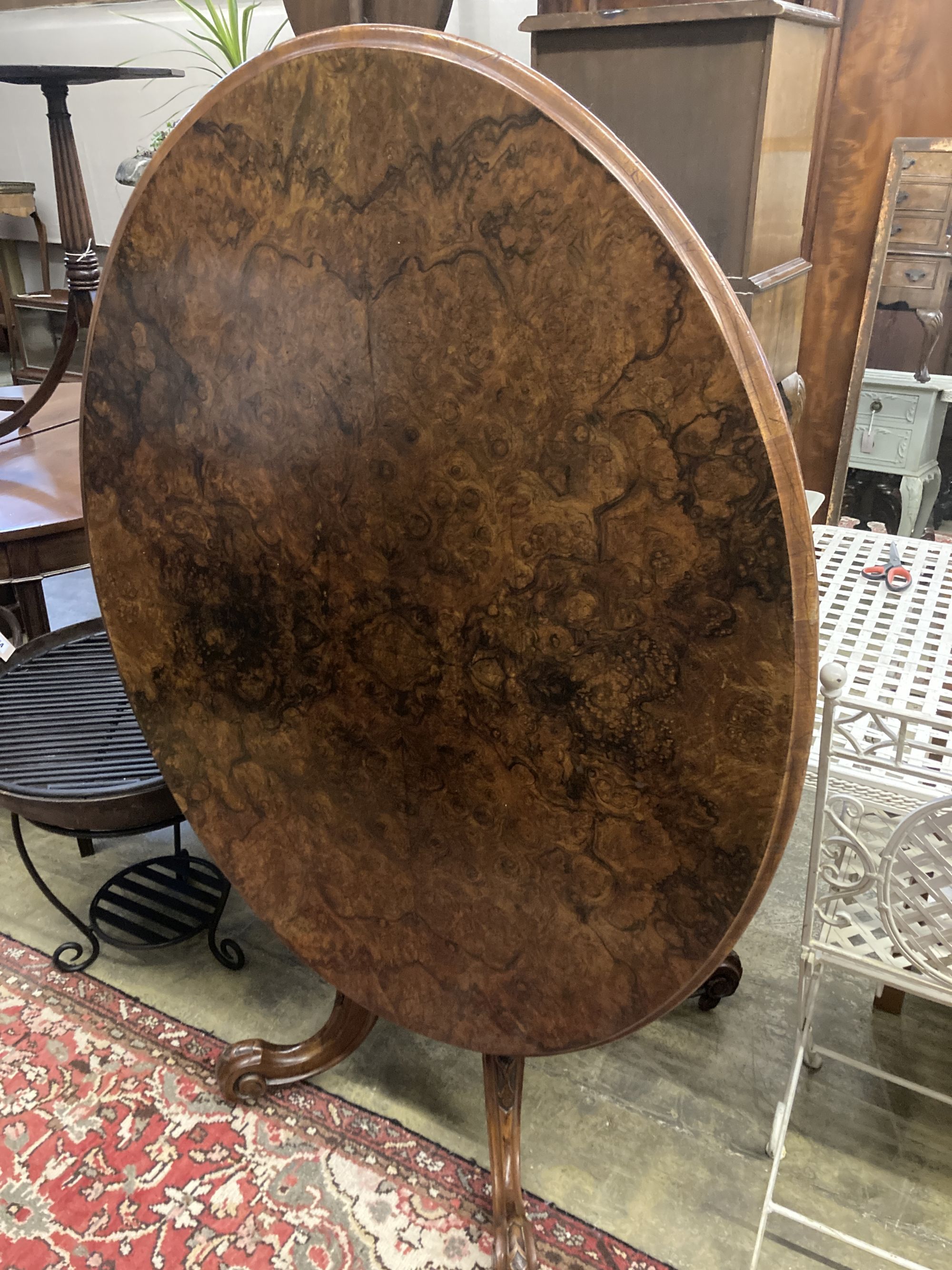 A Victorian burr walnut oval loo table, length 120cm, height 72cm
